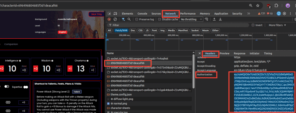 Screenshot: where to find the Bearer Token in DevTools
